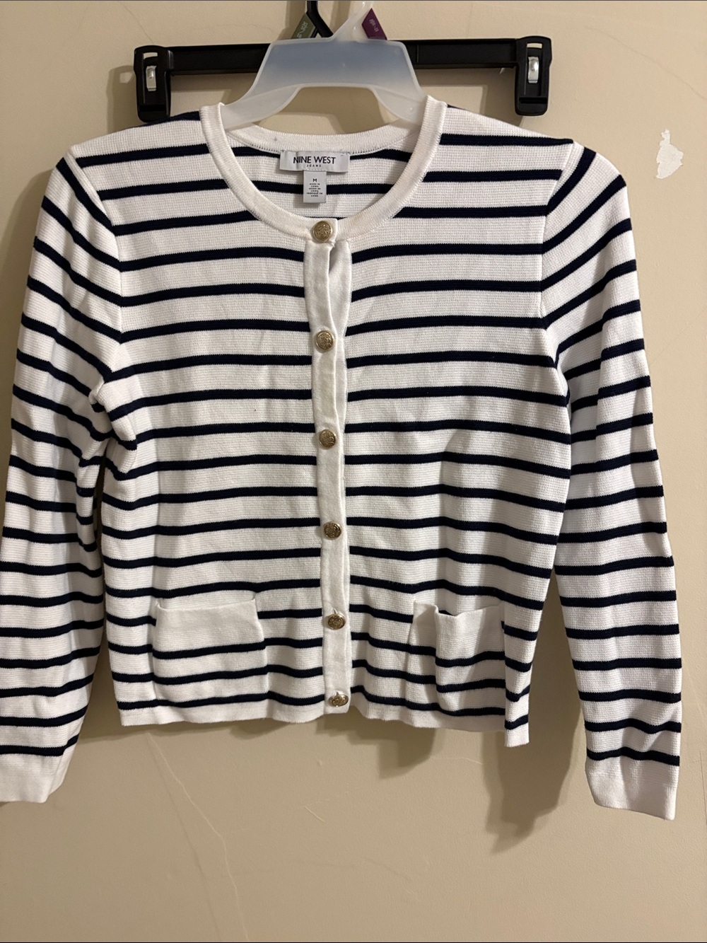 Nine West White and Navy Striped Button-Front Cardigan